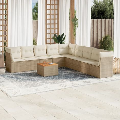 Ensemble Salon Jardin 10 Places Résine Tressée Beige avec Coussins - Table Acacia, Modules Modulables, Rangement Intégré (1/4)