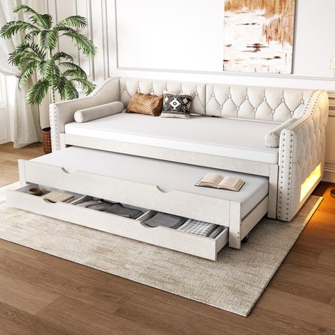 Lit gigogne 90x200cm - Banquette extensible avec éclairage LED, 3 tiroirs- lin, beige (1/5)