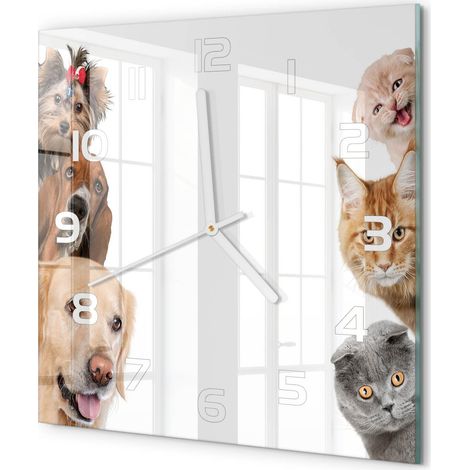 Horloge Murale Carrée en Verre Trempé Silencieuse Design Moderne Salon Cuisine Chiens et chats 30x30 cm (1/5)