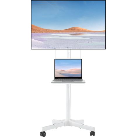 Support TV sur Roulettes, Chariot TV Mobile Blanc pour Bureau, Home Cinéma Support 21-60 Pouces avec Plateau, Réglable en Hauteur & Inclinaison +3°/-12° Charge 35 kg, VESA Max 400x400 mm ML55BW (1/5)