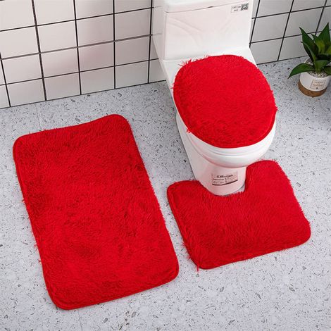 Tapis De Salle De Bain 3 Pièces - Tapis Baignoire 80x50 Cm - Tapis U 50x40 Cm - Couvre-WC 40x37 Cm - Non Glissant - Absorbant - Polyester - Rouge (1/5)