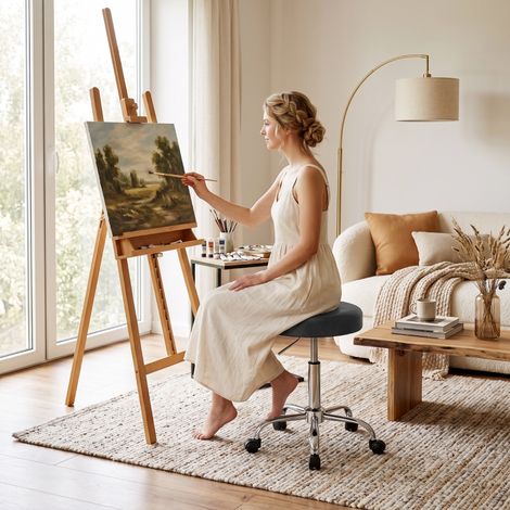 Taburete con ruedas de salón (43x20x41 cm), giratorio, regulable en altura, asiento acolchado de PU negro (1/5)