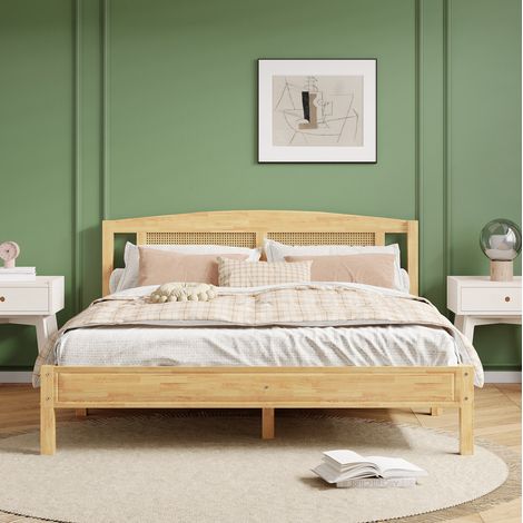 Letto matrimoniale in legno e PE rattan naturale 160x200 cm con rete a 15 doghe (1/5)