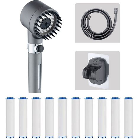 Set soffione doccia con filtro NICOLA Gray Boost, soffione doccia + tubo flessibile a 4 punti + sedile fisso + 10 filtri (1/5)