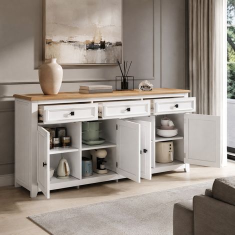 Buffet enfilade 160 cm 3 tiroirs 4 portes MDF blanc HAVRYA (1/5)