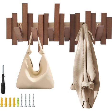 Porte-Manteau Mural Bois Naturel 6 Crochets Style Moderne Rabattable Entrée Salle de Bain Manteaux Chapeaux Sacs-AUTRES (1/4)