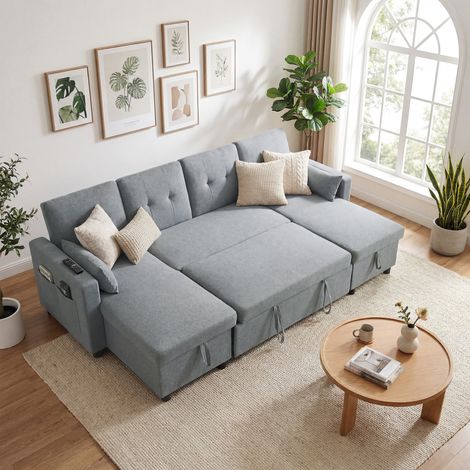 Canapé d'angle convertible avec compartiment de rangement, canapé 4 places en forme de U avec méridienne, dossier réglable, aspect lin (1/5)