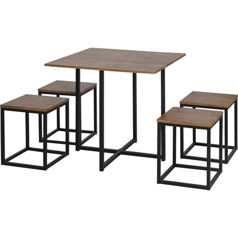 5 Piece Dining Table Chairs Set 4, Industrial Space Saving Table Chairs with Metal Frame, Square Kitchen Table Stools for Dining Room, Brown (1/5)