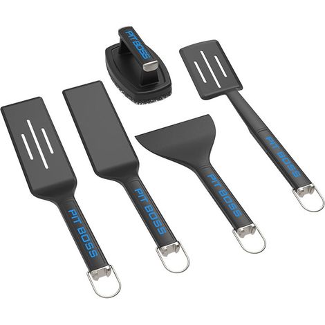 Kit d'ustensiles en nylon pour plancha – 5 pièces résistantes jusqu'à 260°C – Spatules perforées et grattoir professionnel – Nettoyage facile – Pitboss