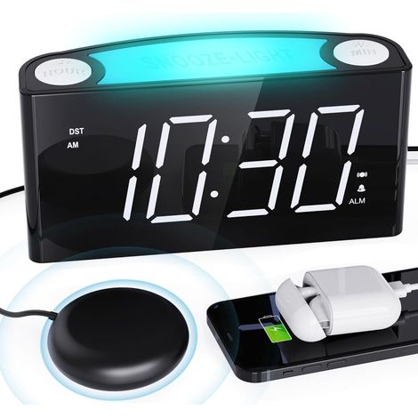 Réveil avec vibration pour les dormeurs profonds et les malentendants, type chargeur C, 12/24 H, réveil bruyant avec 7 veilleuses colorées, grand affichage LED, gradateur, fonction de répétition (1/5)