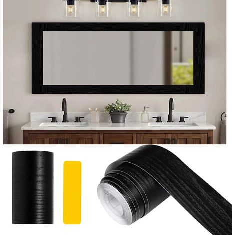Cadre mural autocollant élégant en miroir à grain de bois noir (amovible et imperméable, 8 cm x 15 m) (1/5)