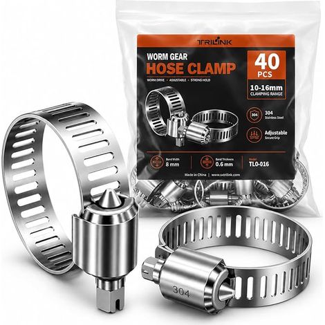 Colliers de Serrage, 10-16 mm Collier de Serrage Inox à Vis Sans Fin, Collier de Serrage Métallique Réglable pour Automobile, Plomberie et Réparation Domestique (1/2)