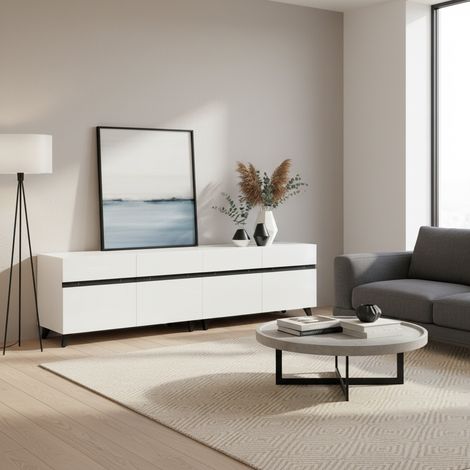 URBAN MEUBLE Meuble TV blanc laqué brillant avec bande noire et 4 portes 180x40x49cm (1/5)