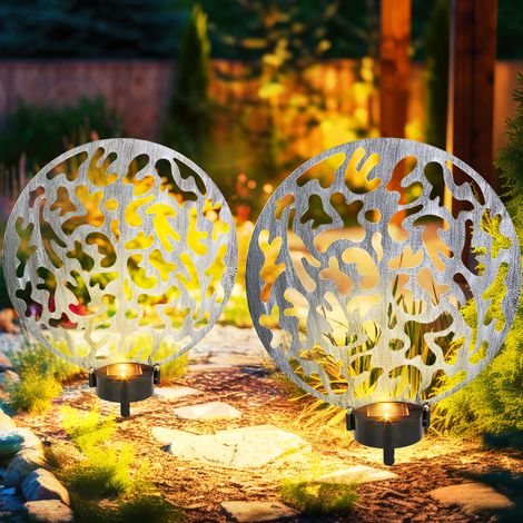 Lampe solaire à brancher, lampe solaire, ronde, lampe d'extérieur, décoration de jardin, piquet de sol, effet lumineux, métal argenté antique, 2x LED blanc chaud, LxlxH 30x10x41 cm, lot de 2 (1/5)