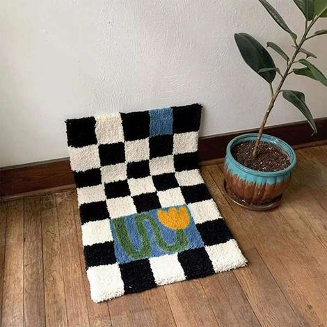 1 Stück Spezifikationen: 05 Farbe: Siehe Abbildung Material: Plüschige Badematte mit Blumenmuster, weiche Samtoberfläche, kariertes Muster. (1/5)