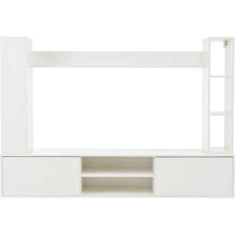 Ensemble meuble TV blanc 180x35x33,5 cm avec 2 armoires murales et étagère murale, pour TV jusqu'à 50 pouces (1/5)