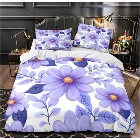 Fleurs Violettes 3D Imprimé Housse de Couette 3 pièces Microfibre Style de Motif botanique Drap de Couette 2 taies 240x260cm - 9O1 (1/5)