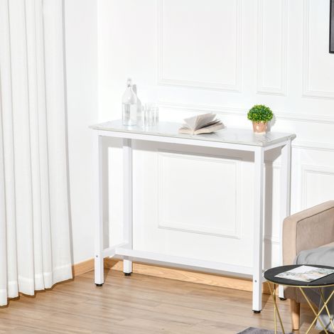 Table de bar table haute de cuisine mange-debout 120 x 40 x 100 cm châssis piètement acier, plateau aspect marbre blanc