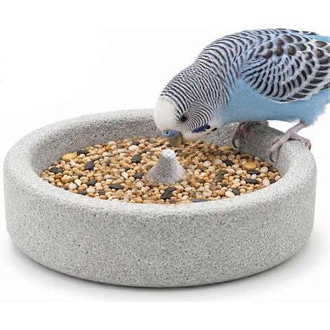 Bol en pierre ponce naturelle pour oiseaux, abreuvoir avec broyeur de bec central, bol rond pour graines, eau, bain et nourriture des oiseaux (1/5)