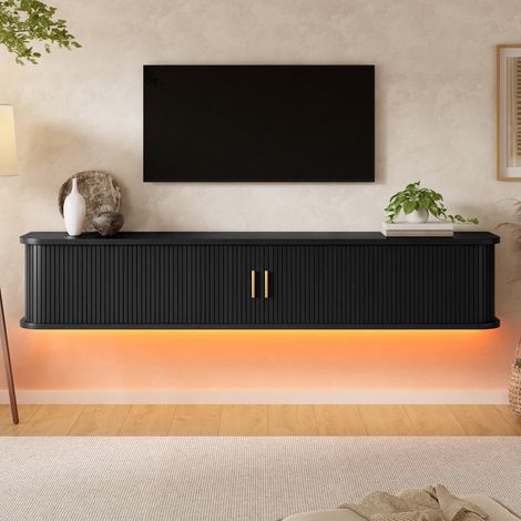 Meuble TV Suspendu 175 cm avec LED App, Meuble Bas de Salon Mural avec Tiroir - Portes Coulissantes Cannelées Bois, Design Flottant Moderne - Meuble Télé Noir (1/5)