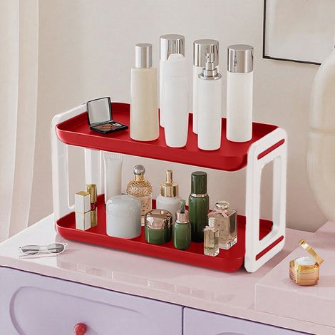 Scaffale portaoggetti a 2 livelli rosso da appoggio, porta spezie da cucina, organizer da bagno, porta tazze da caffè e porta profumi (1/3)