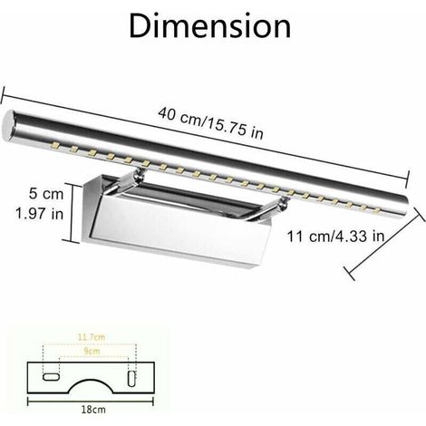 Lampe Salle de Bain Mirroir LED 5W Applique Murale Lumière Tableau étanche IP44 Réglable 180°avec Interrupteur en Acier Inoxydable éclairage Décoration Meuble WC Toilette Maquillage 40cm-Fei Yu