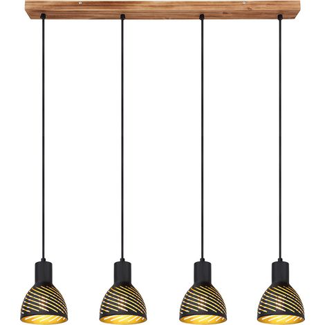 LED Hängelampe schwarz gold Esstischleuchte Pendellampe 4 flammig Wohnzimmer, Metall Holzoptik, 4x E27 LED warmweiß, LxH 90x120