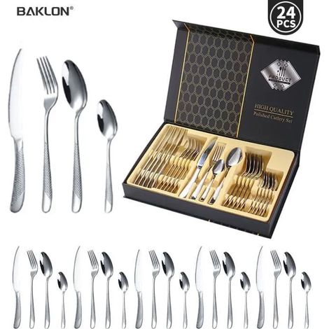 Andyou – Ménagère 24 pièces en acier inoxydable 18/10 – Service pour 6 personnes – Compatible lave-vaisselle – Coffret cadeau élégant