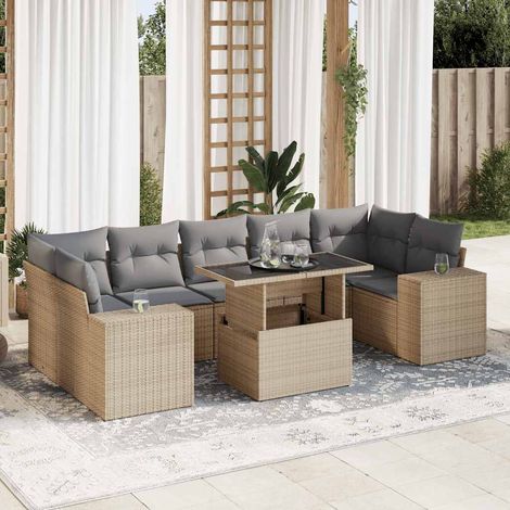 Ensemble Salon Jardin 8 Places Résine Tressée Beige avec Table Verre Trempé et Coussins Gris (1/5)