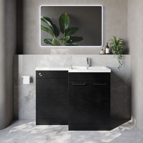 Napoli 460 Nero Oak 1100mm 2 Door Vanity Unit Toilet Suite with Right Hand Square Lucia Basin - 1100mm - Chrome 160mm HandleWithout Kingston Toilet Pan