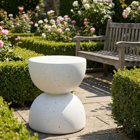 Mesa auxiliar de jardín de óxido de magnesio blanco, diseño moderno, resistente al agua y a los rayos UV (1/5)