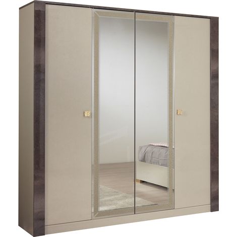 Altobuy – Armoire 4 portes en panneaux mélaminés crème et bronze – Dimensions 185x59xH210 cm – Poignées dorées – Finition brillante (1/3)