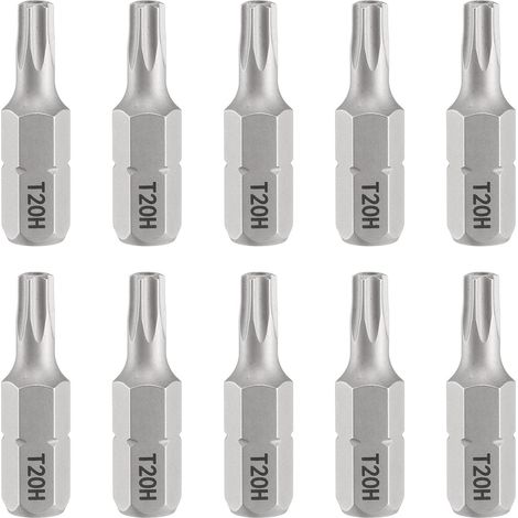 10pcs T20H Embout de Tournevis Torx 1/4" Tige Hexagonale 25mm/1" Longueur Magnétique Tête Étoile à 6 Pans Acier S2 Embout de Tournevis avec Trou (1/5)