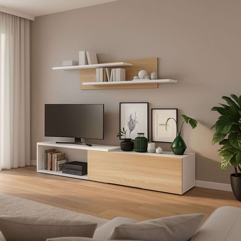 Mueble de salón, Comedor, Módulo TV + Estantes Kipi Módulos Extensibles de 143-220 cm Roble Cambrian y Blanco