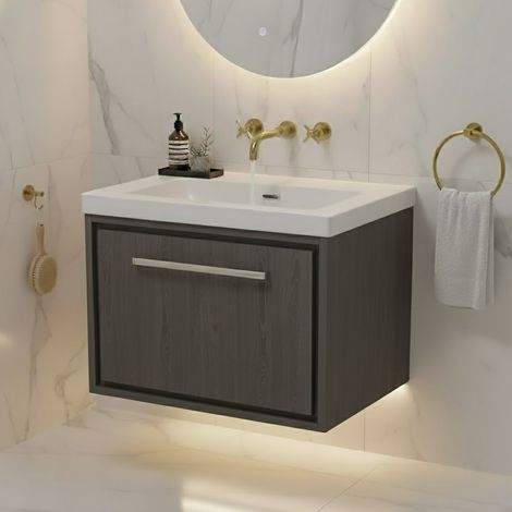 Hudson Reed Lille Wall Hung 1-Drawer Vanity Unit with 0TH Contemporary Basin 600mm Wide - Graphite Grey Woodgrain (1/5)