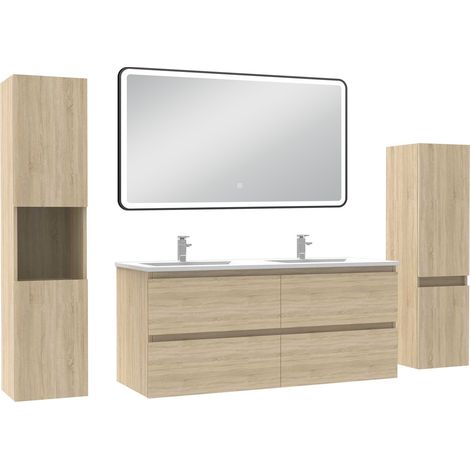 Ocean Meuble Salle de Bain 120cm avec colonne + miroir lumineux 3 couleurs Chêne Wotan