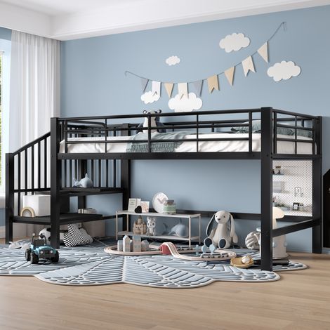 Halbhohes Hochbett 90x200 cm Schwarz aus Metall und MDF mit integrierter Stauraumtreppe (1/5)