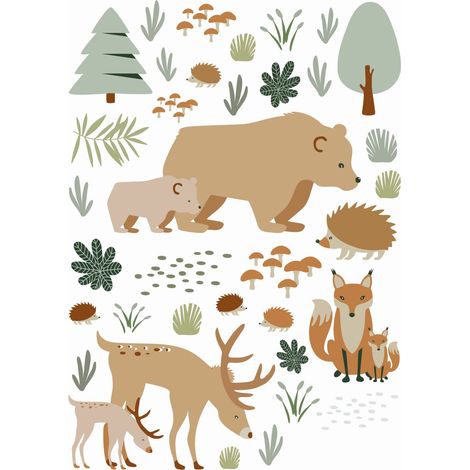 sticker mural forêt avec des animaux de la forêt beige et vert menthe - ESTAhome (1/5)
