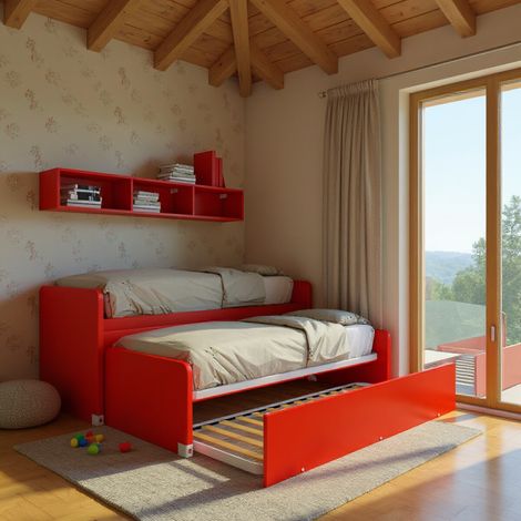 Coppia letti singoli scorrevoli con ruote e contenitori - Made in Italy - Rosso