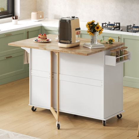 Grande table de cuisine mobile – Plateau en chêne, design pliable, meuble multifonction, 3 tiroirs, porte-serviettes – Idéale pour la cuisine, la salle à manger et la maison