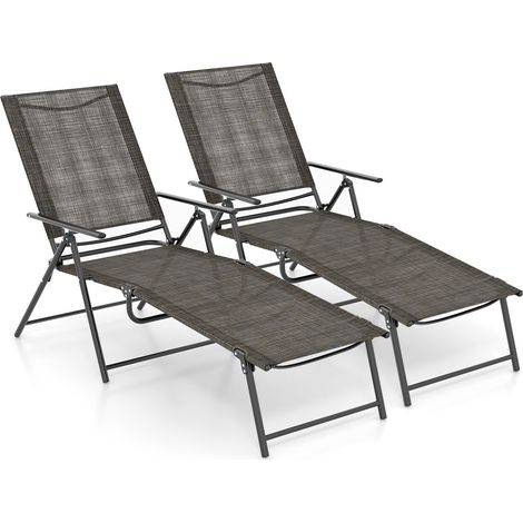 Lot de 2 chaises longues pliantes marron avec dossier réglable sur 6 positions et tissu respirant pour jardin, piscine et balcon (1/5)