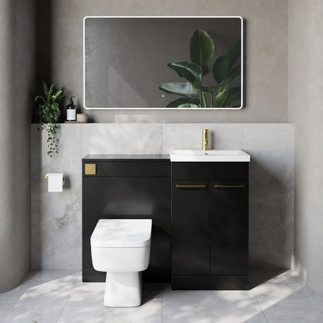 Napoli 390 Cento Matt Black 1100mm 2 Door Vanity Unit Toilet Suite with Glide Basin - 1100mm - Brushed Brass 160mm HandleWith Kingston Toilet Pan and Seat