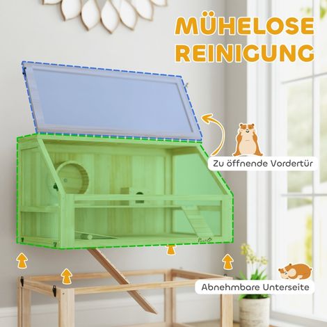 Cage à hamster en bois naturel 3 niveaux, terrarium pour rongeurs avec roue et couvercle rabattable, dimensions 80 x 50 x 76 cm (1/5)
