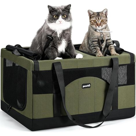 Sac de Transport pour 2 Chat, Cadre Ultra Stable, Pliable, Sac Transport Chat Portable, Écurie Sac de Transport pour Chiens de Compagnie Convient pour Les Voyages et Les Sorties, Vert (1/5)