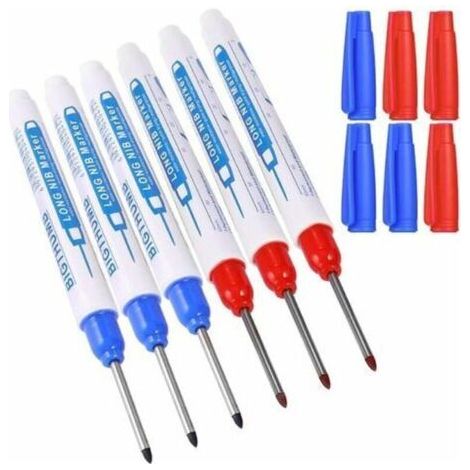 6pcs Marqueurs Trou Profond, Marqueur Charpentier, Stylo Marqueur Indélébile à Pointe Fine de 30 mm, Feutre Permanent pour des Marquages à des Endroits Difficiles d'Accès (Bleu Rouge) (1/5)
