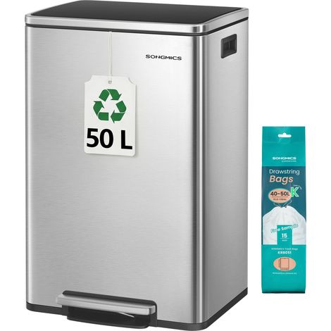 Poubelle de Cuisine 50 L, avec 15 Sacs Poubelle, en Acier Inoxydable, Seau Intérieur Amovible en Plastique, avec Couvercle, Poignées, Fermeture en Douceur, Argent LTB595E01 (1/5)