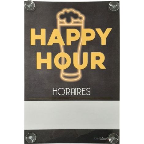 Panneau HAPPY HOUR HORAIRES dimensions 60 x 40 cm avec fixation ventouses (1/4)