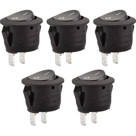 Lot de 5 interrupteurs à bascule ronds - 2 bornes SPST, 6 A, 250 VCA, UL, VDE - Noir (1/5)