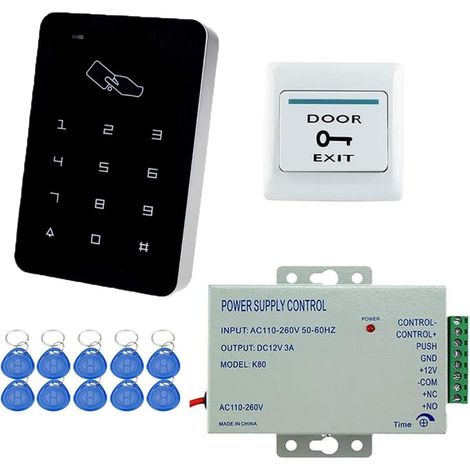 Kit de contrôle d'accès RFID - Écran tactile - Serrure à code - Ouvre-porte - Clavier autonome + bloc d'alimentation K80 3 A + bouton de sortie + 10 clés ID EK4100 pour 1000 utilisateurs (1/5)