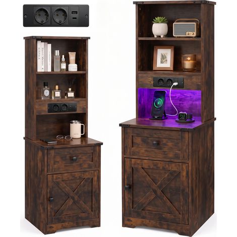 Tables de chevet- Table de nuit haute Patbrela - avec station de recharge, LED RGB, rangement ouvert et fermé, 45×45×130 cm (1/5)